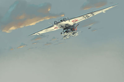 Digital painting of Unmanned Combat Aerial Vehicle, lit from below by sunset 